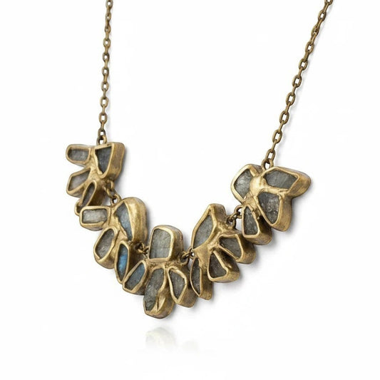 Trebor Style brass necklace with aquamarine and labradorite stones, inspired by a dragonfly in flight.