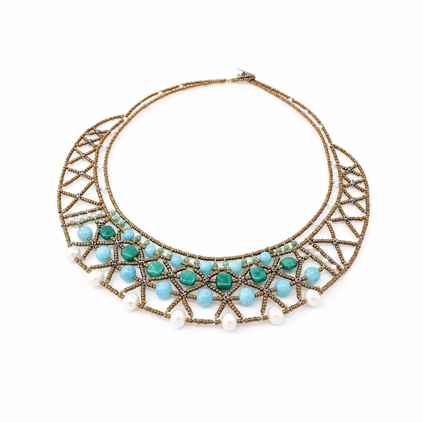 Trebor Style artisan statement necklace with bronze lattice beadwork, turquoise stones, green malachite, and white pearls, handmade in Italy by Ziio