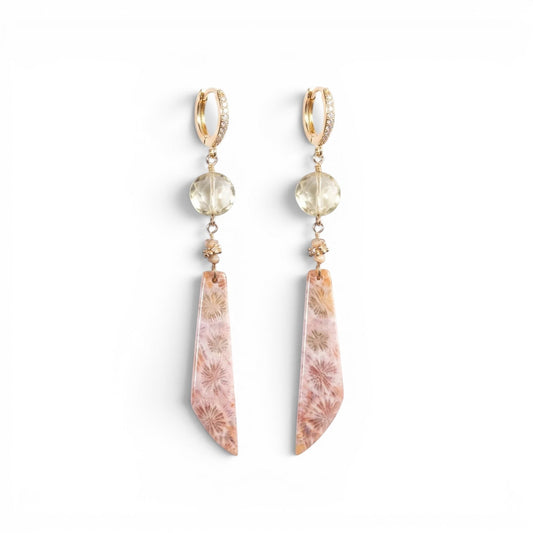 Trebor Style 14k gold drop earrings featuring faceted crystal quartz, seed pearls, and fossil coral with diamond pavé.