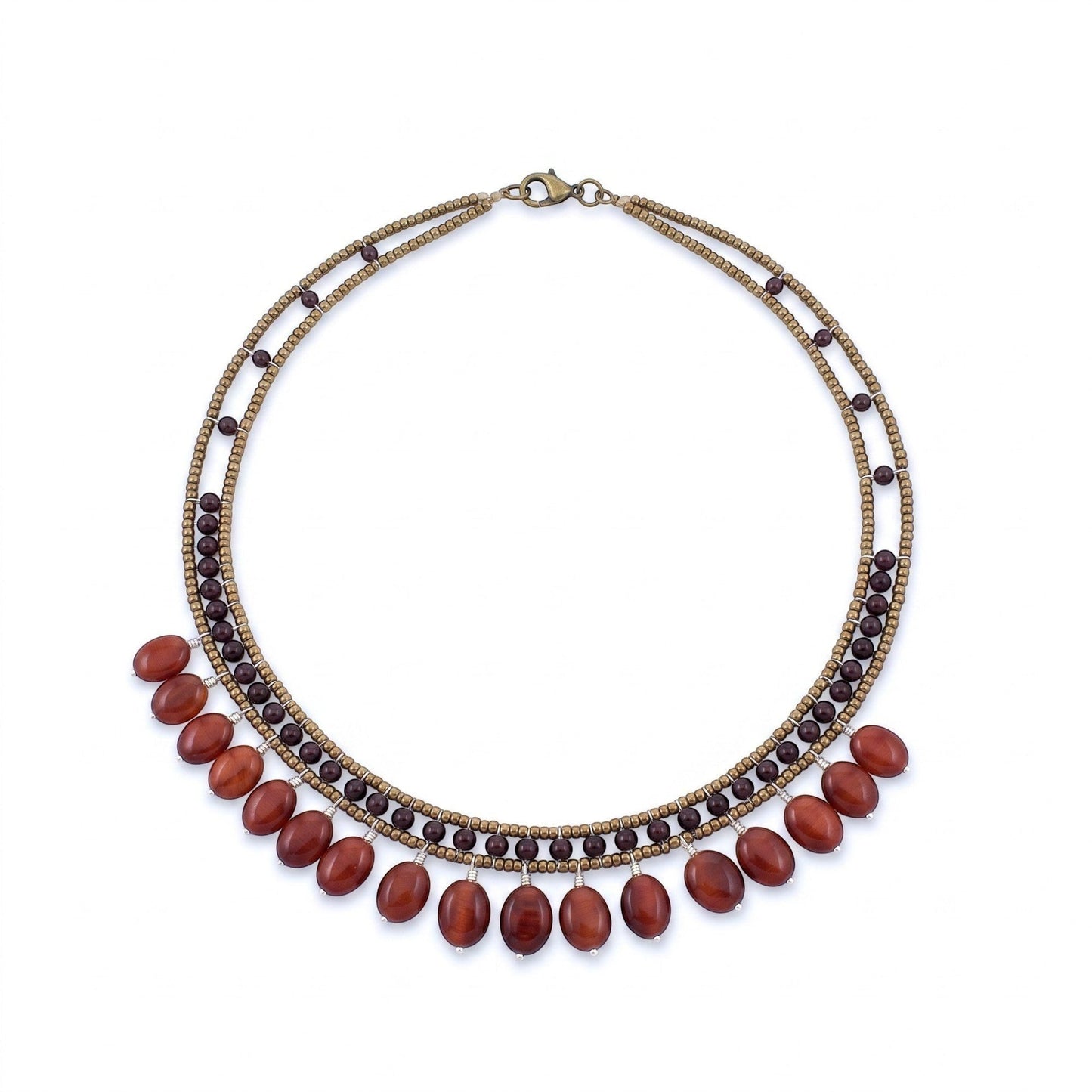 Trebor Style multi-strand beaded necklace with onyx, dark garnet accents, and dangling carnelian beads by Ziio