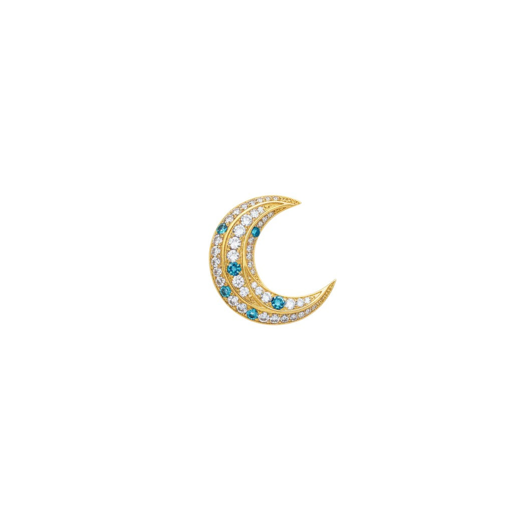 Trebor Style La Luna gold-plated crescent moon earring with blue and white zirconia stones on a white background.