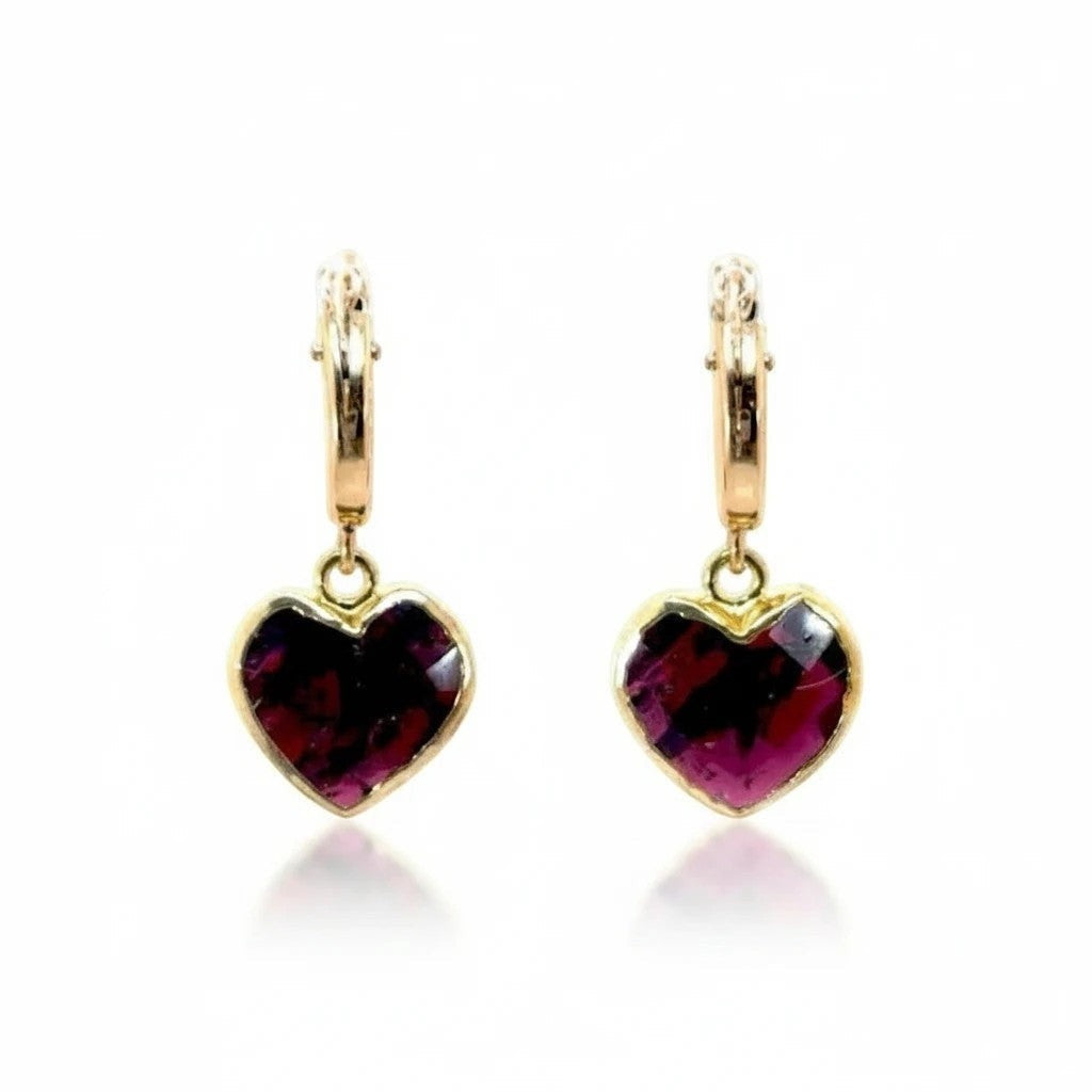 Trebor Style gold-filled hoop earrings with faceted garnet pearl heart charms.