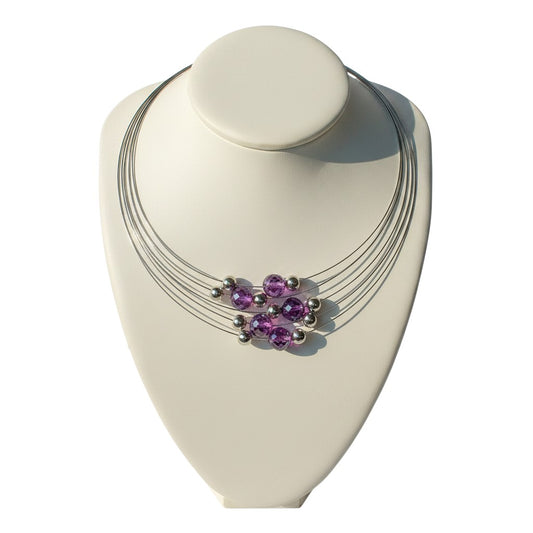 Trebor Style Helios multi-strand sterling silver collar necklace with faceted purple amethyst and silver beads.