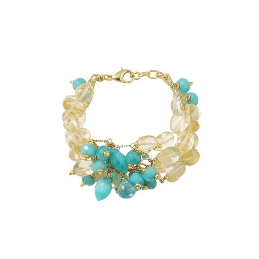 Trebor Style Kala multistrand bracelet featuring lemon quartz and amazonite stones on a gold chain, handmade in Italy.