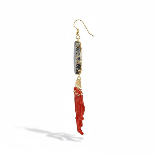 Trebor Style Lal Moonga Earrings: 22k gold detailed agate geode with vintage red coral sticks, 14k gold filled ear wire.