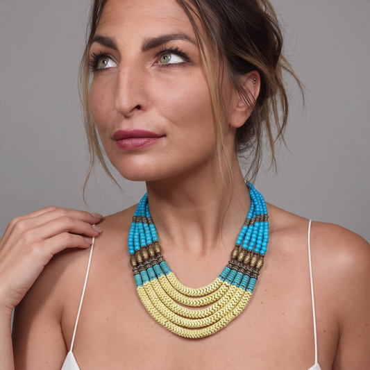 Trebor Style Masha Archer 5-strand statement necklace with yellow and blue glass snake beads and gold-washed spacers.