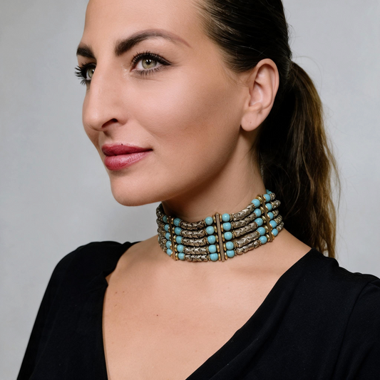 Trebor Style Masha Archer five strand choker with turquoise glass beads and silver plated snake beads on a model