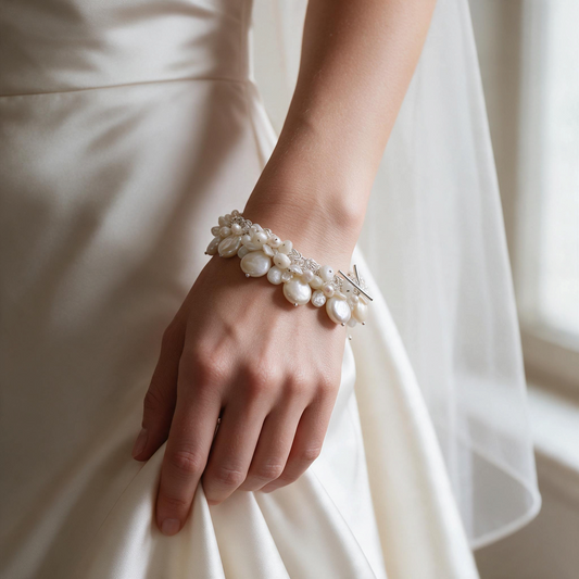 Trebor Style sterling silver bracelet with white coin pearls, keshi pearls, and white sapphire charms on a bride