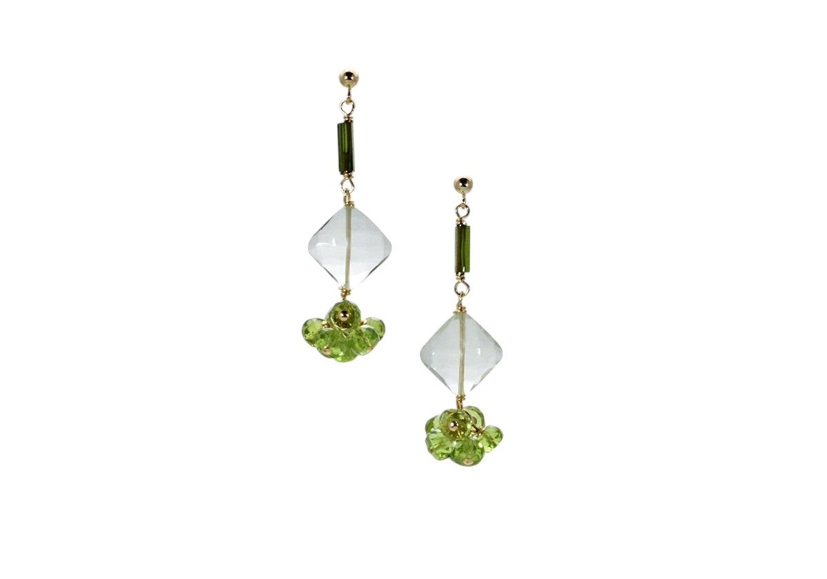 Trebor Style drop earrings featuring green tourmaline, diamond-cut praisiolite, and peridot clusters in gold-filled.