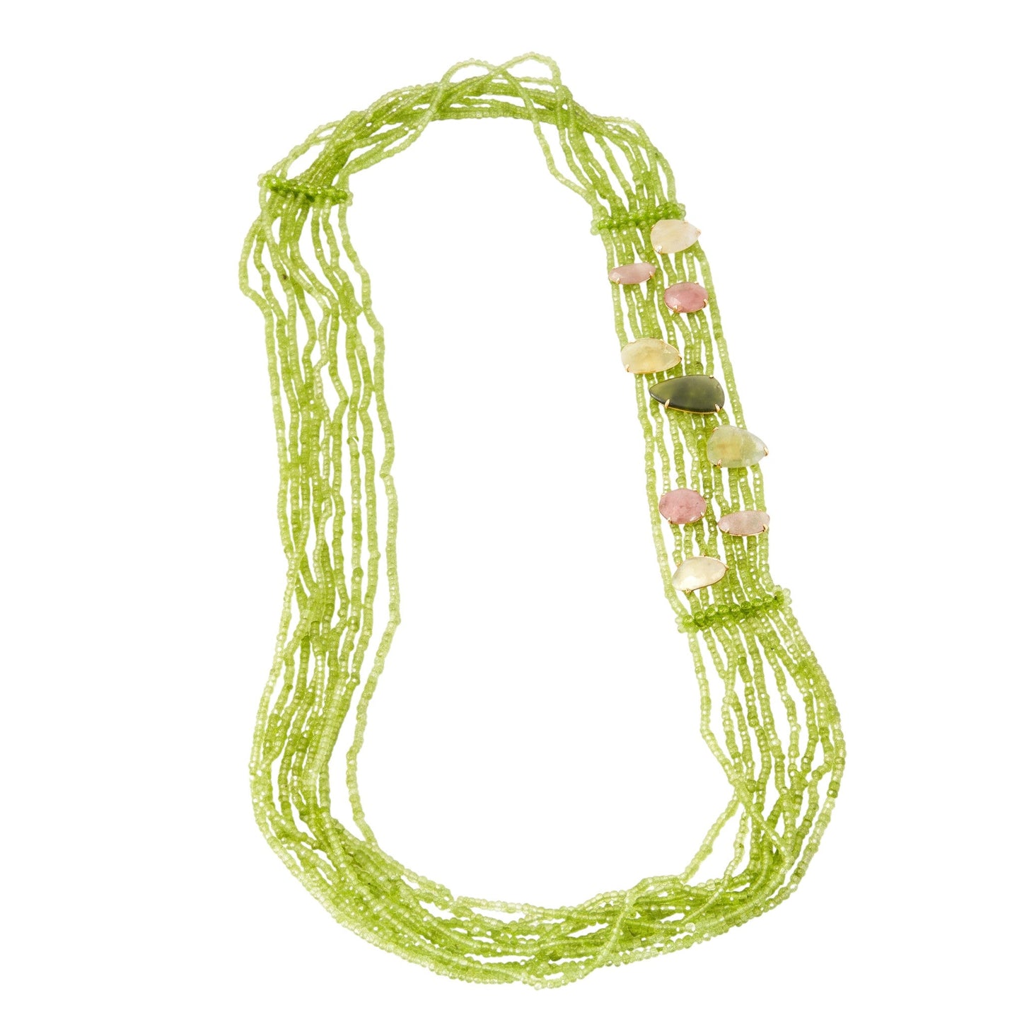 Trebor Style long multi-strand peridot necklace with pink and yellow sapphire accents in 18k yellow gold