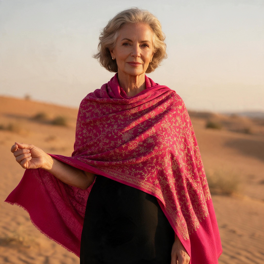 Trebor Style ruby wool shawl with gold paisley embroidery worn by a woman in a desert setting at sunset