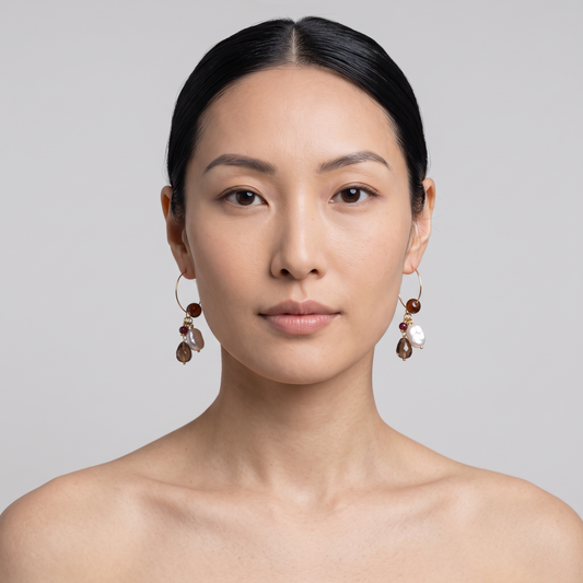 Trebor Style chandelier earrings featuring ruby, pearl, smokey quartz, and tiger-eye beads on gold-filled hooks
