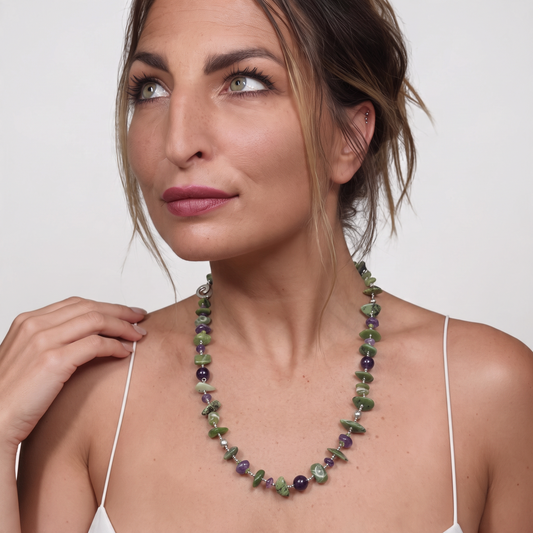 Trebor Style necklace featuring irregular green serpentine and purple amethyst beads on a sterling silver chain