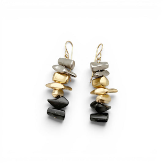 Trebor Style Siliz multi dangle earrings featuring layered 24k gold, 925 silver, and black plated beads.
