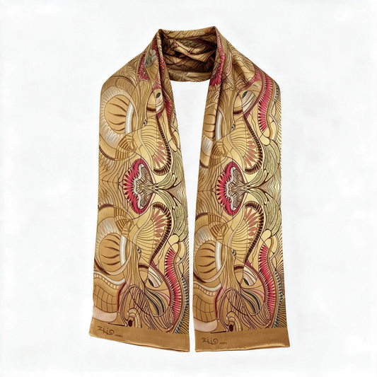 Trebor Style Ziio silk satin tube scarf featuring a gold and beige jungle print with pink and blue accents.