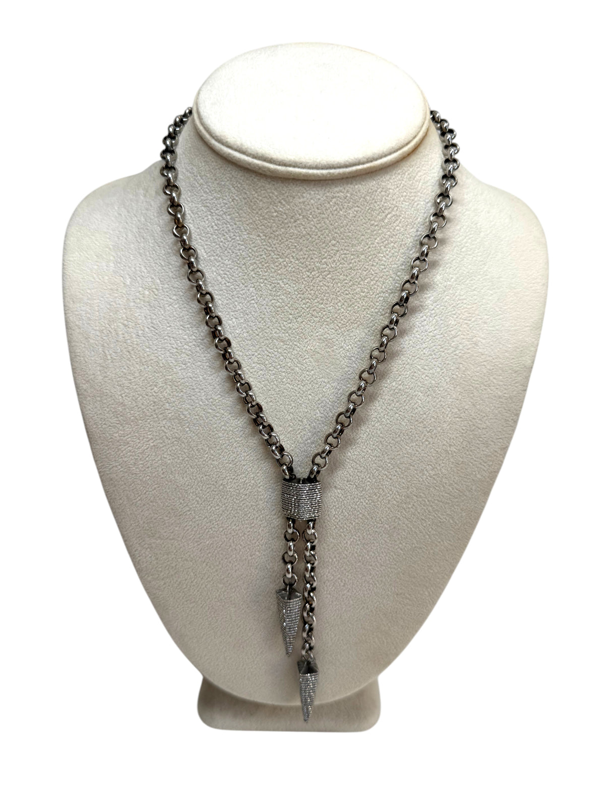 Trebor Style Frederic Duclos sterling silver lariat necklace with laser cut wrapped bead and pyramid drop pendants.