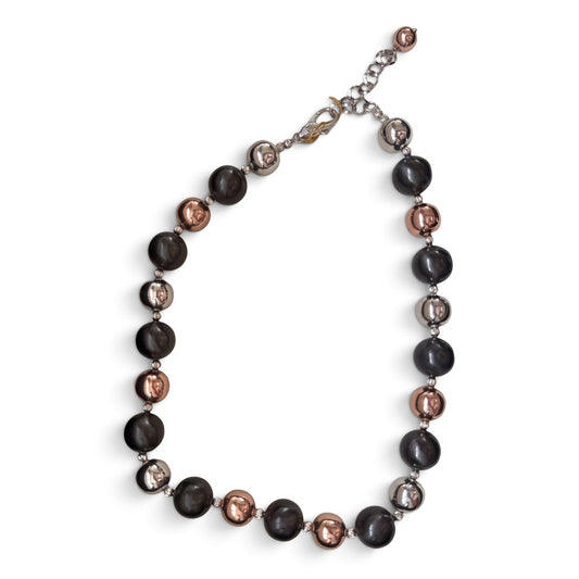 Trebor Style tri-color sterling silver bead necklace with rhodium, oxidized, and rose gold plated finishes.