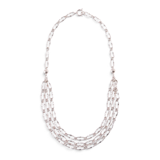 Trebor Style triple strand sterling silver necklace featuring oblong chain links and a polished spring ring clasp.