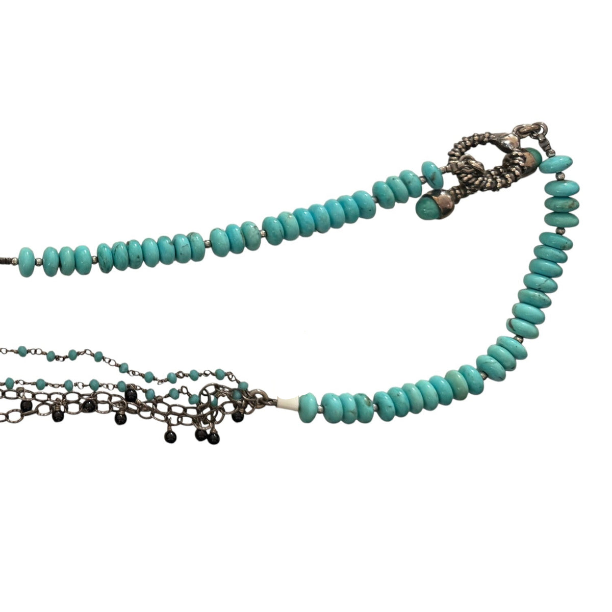 Trebor Style asymmetrical necklace featuring turquoise beads, amazonite, spinel, and sterling silver toggle closure.