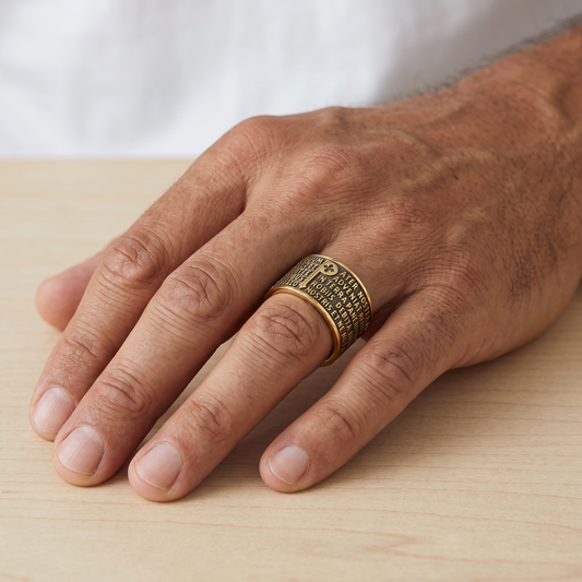 Trebor Style Tuum Origine Pater ring in bronzed 925 sterling silver with Latin prayer text on a man's finger