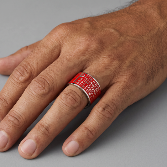 Trebor Style TUUM Animae Pater ring in sterling silver with red enamel featuring Latin text on a man's finger