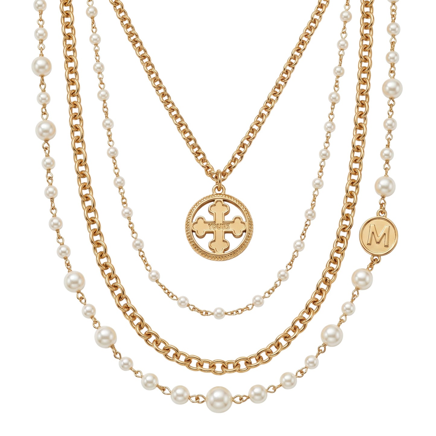 Trebor Style TUUM Rosario necklace featuring white pearls and yellow gold plated sterling silver chain with medallions