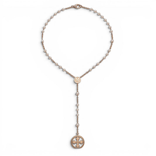 Trebor Style TUUM Rosario necklace featuring white pearls, yellow gold plated sterling silver chain, and Flore pendant.