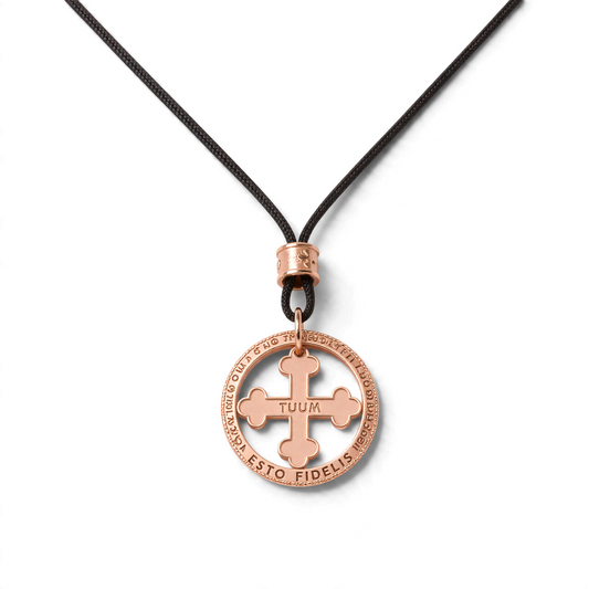 Trebor Style TUUM Flore Lux rose gold pendant necklace featuring a cross motif and engraved Latin prayer on a cord