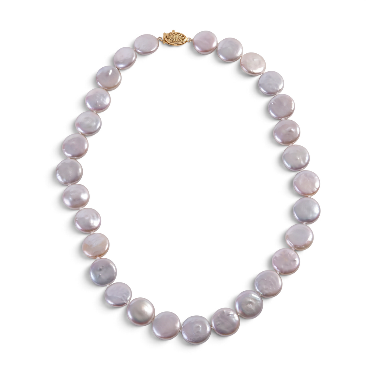 Trebor Style white freshwater coin pearl necklace with a 14k gold latch clasp, 17 inches long.