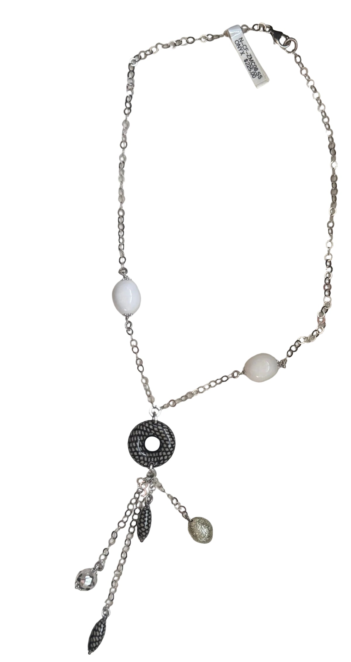 Trebor Style white onyx and enameled sterling silver Y-necklace with tassel drop and lobster clasp closure.