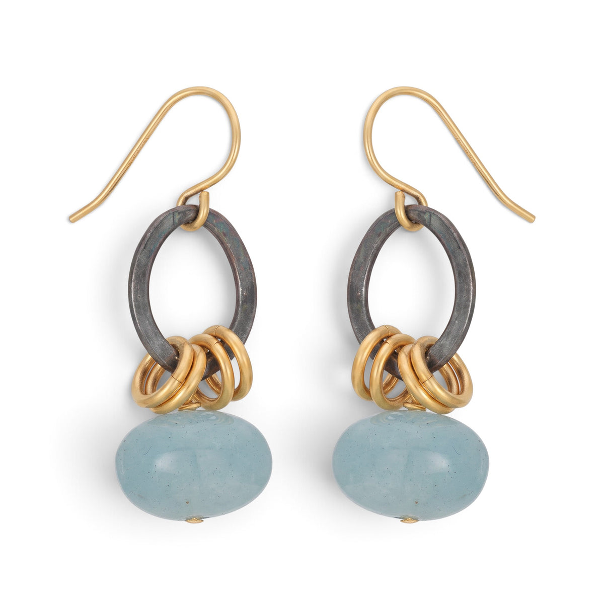 Trebor Style Xian mixed metal earrings featuring sky blue aquamarine donut gemstones, oxidized silver, and gold hooks.