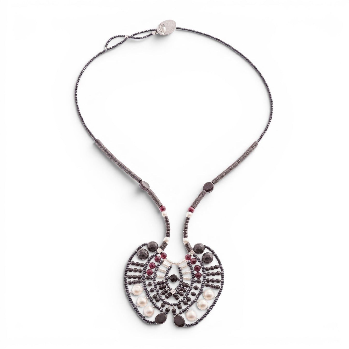 Trebor Style Ziio Aki statement necklace with black onyx, garnet, and white pearl beads on stainless steel wire.