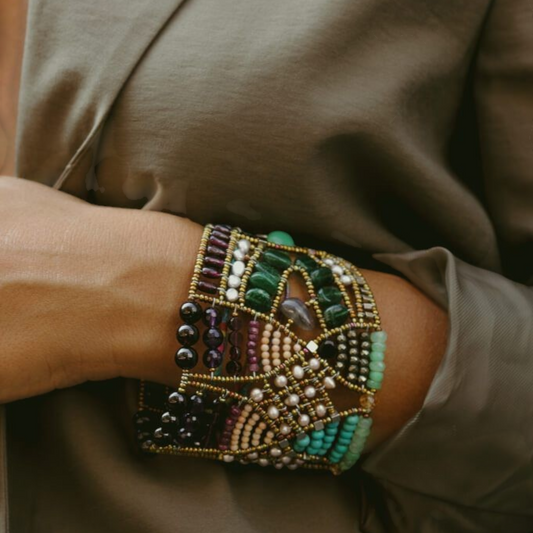 Trebor Style Ziio Jardin de Paradis multi-color gemstone statement cuff bracelet with intricate beadwork on wrist