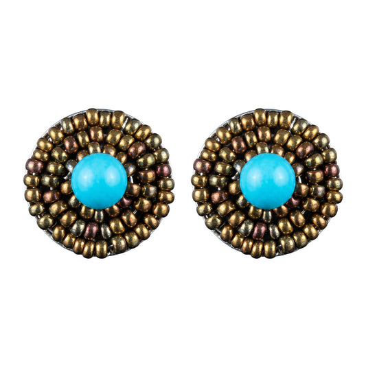 Trebor Style Ziio button earrings featuring a blue magnesite gemstone surrounded by golden Murano glass beads.
