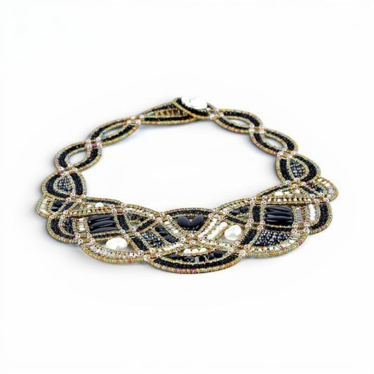 Trebor Style Ziio New Romance bib necklace featuring black onyx, white pearls, and sterling silver beads.