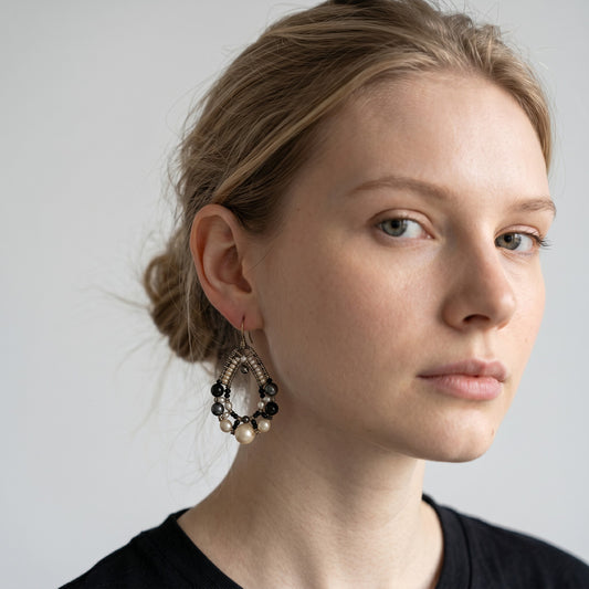 Trebor Style Ziio Shinju chandelier earrings featuring black onyx, spinel, tourmaline, and pearls on Murano glass beads.