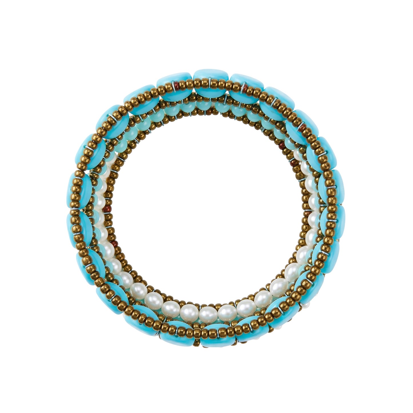 Trebor Style Ziio cuff bracelet featuring turquoise imitation beads, white pearls, and Murano glass, handcrafted.