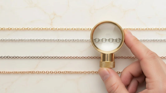 Four chains in different metal finishes on marble, with a magnifying loupe showing chain link detail
