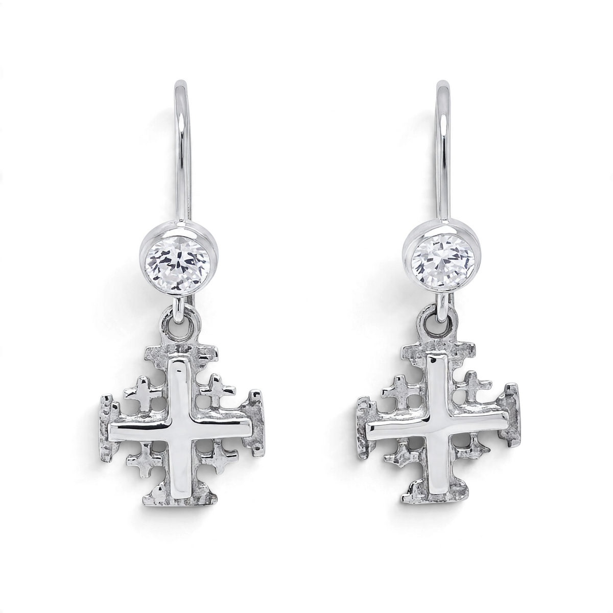 Trebor Style sterling silver Jerusalem cross drop earrings with sparkling CZ accents and fish hook ear wires.