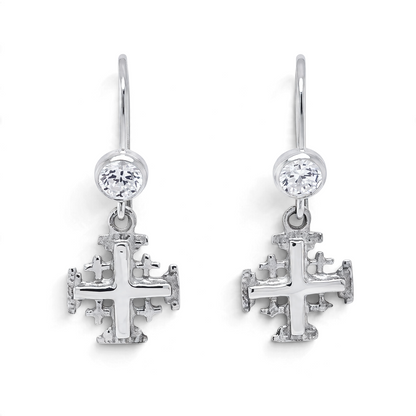 Trebor Style sterling silver Jerusalem cross drop earrings with sparkling CZ accents and fish hook ear wires.
