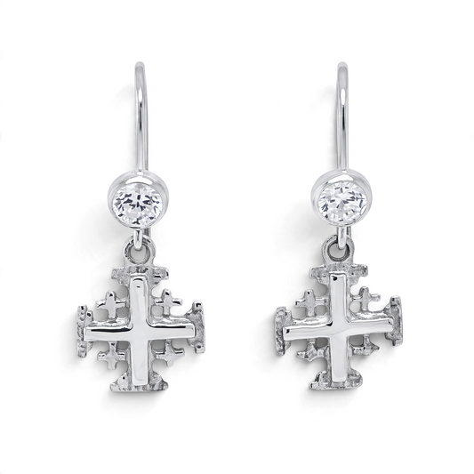 Trebor Style sterling silver Jerusalem cross drop earrings with sparkling CZ accents and fish hook ear wires.