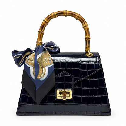 Luxury Italian Crocco Leather Bamboo Handle Bag in Black