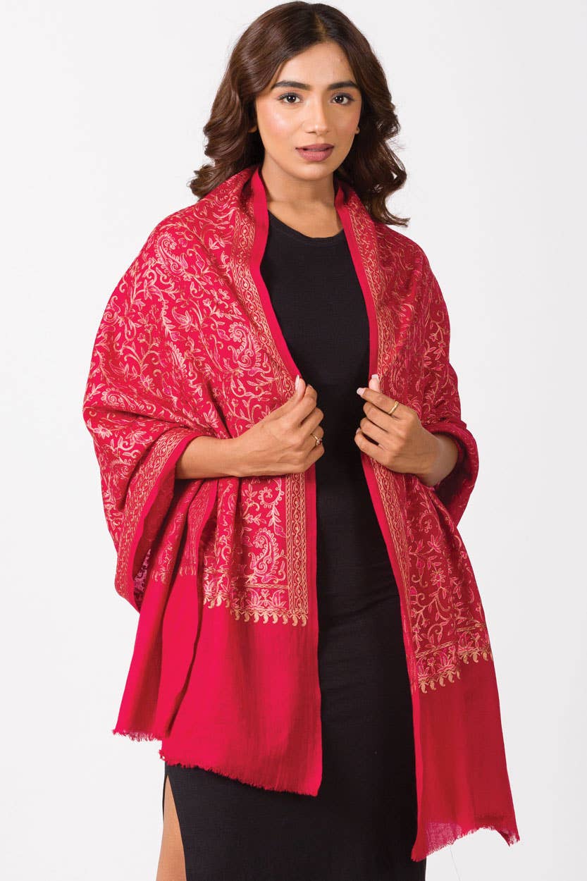 Paisley Embroidered Wool Shawl: Ruby