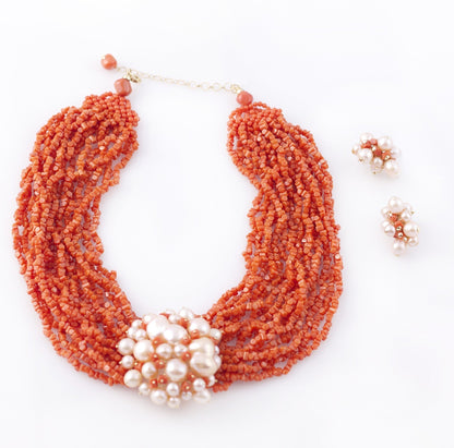 Multi-Strand Sciacca Coral Necklace with Pearl Cluster