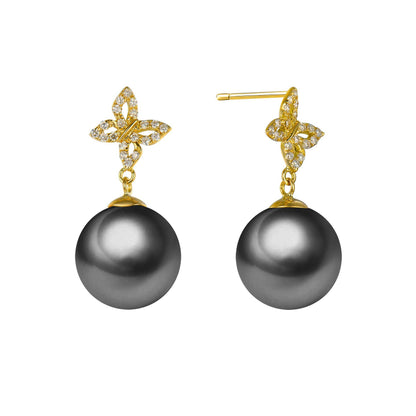 Diamond Butterfly & Pearl Stud Earrings, 18k Gold