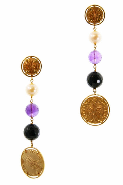 Roman Coin, Pearl & Amethyst Chandelier Earrings, 18k Gold