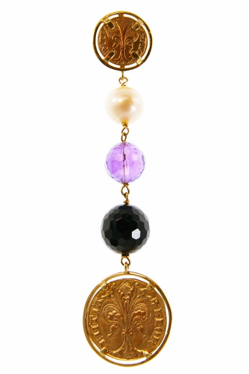 Roman Coin, Pearl & Amethyst Chandelier Earrings, 18k Gold