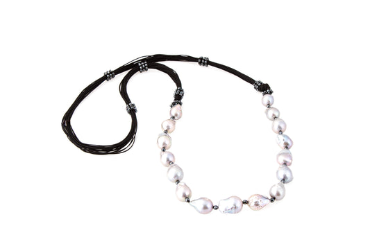 Long Grey Baroque Pearl Cord Necklace