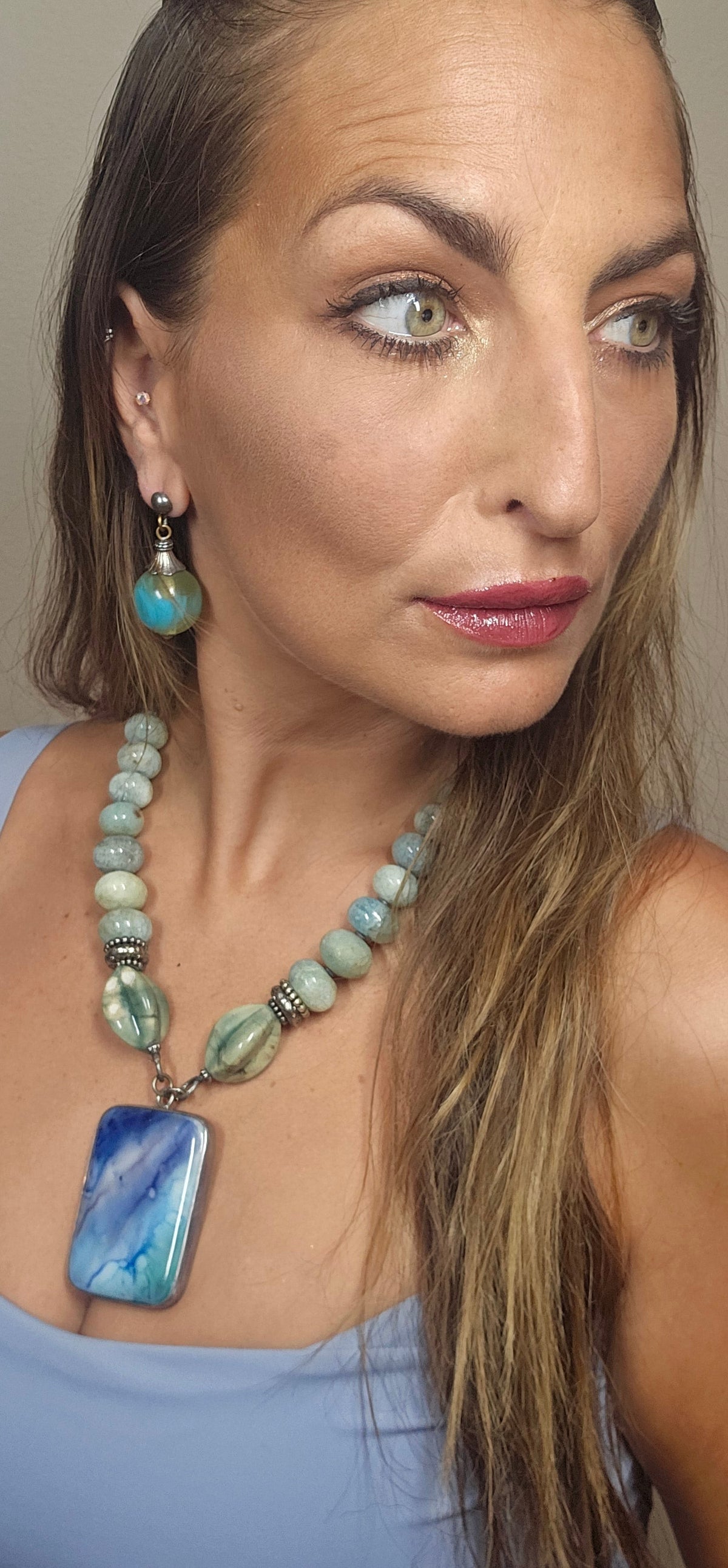 Aquamarine Quartz & Jade Pendant Necklace by Masha Archer