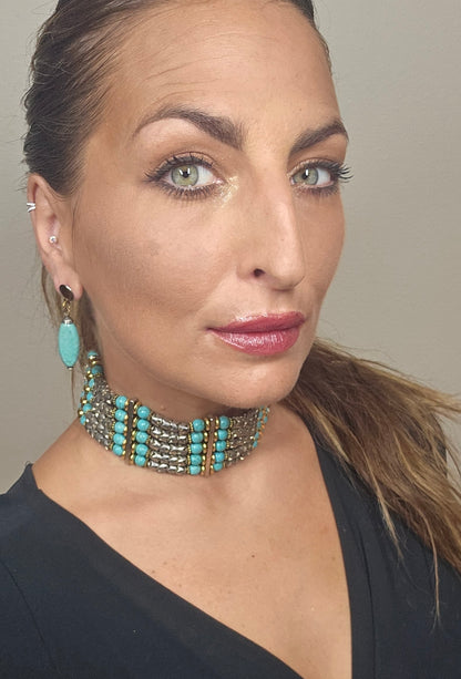 Five Strand Turquoise & Silver Choker Necklace by Masha Archer